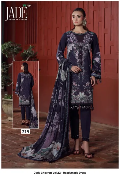 Jade Chevron Vol 22 - Readymade Dress: Model wearing a dark navy blue printed kurti with floral embellishments and embroidery, matching trousers, and dupatta.