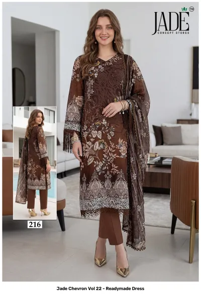 Jade Chevron Vol 22 - Readymade Dress: Model in a brown patterned kurti with intricate floral print, paired with brown trousers and a matching dupatta.