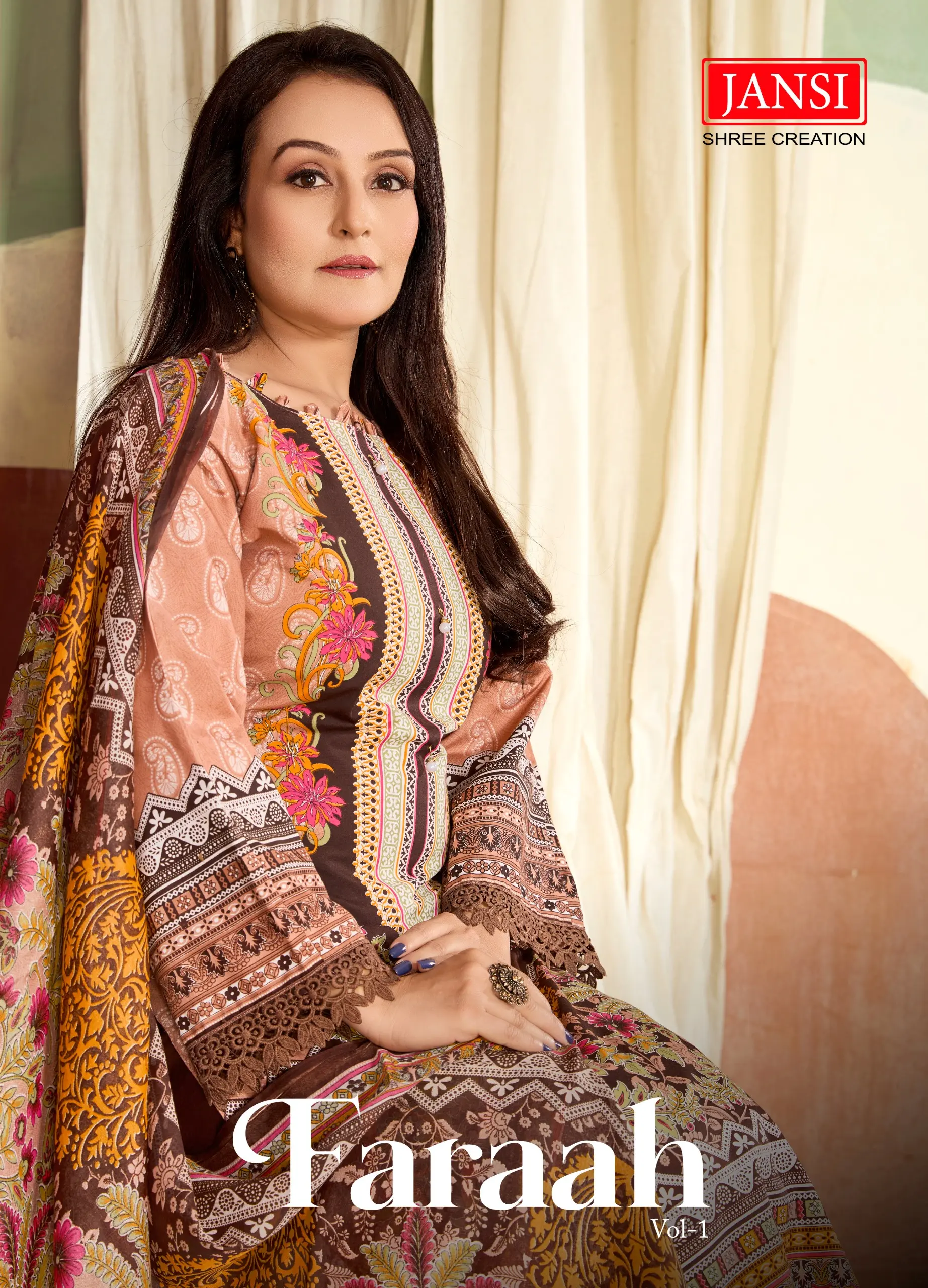 Jansi Farah Vol 1 - Readymade Dress: A brown printed salwar suit with floral patterns and brown lace embellishments on the sleeves and hem.