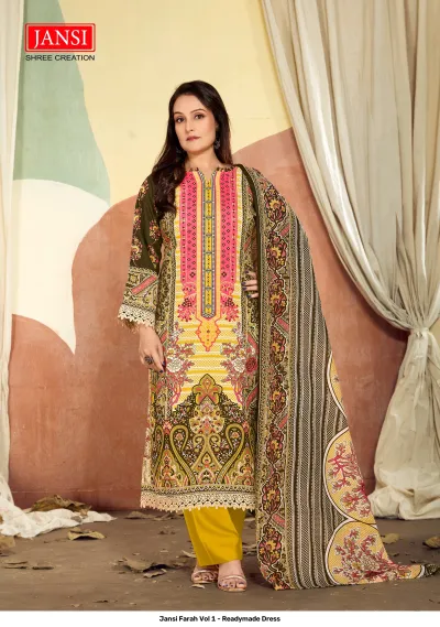 Jansi Farah Vol 1 - Readymade Dress: A mustard and olive printed salwar suit with colorful floral designs and a matching printed dupatta.