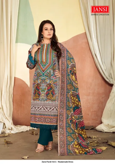 Jansi Farah Vol 1 - Readymade Dress: A grey and teal printed salwar suit with intricate floral motifs and lace detailing on sleeves and hem.