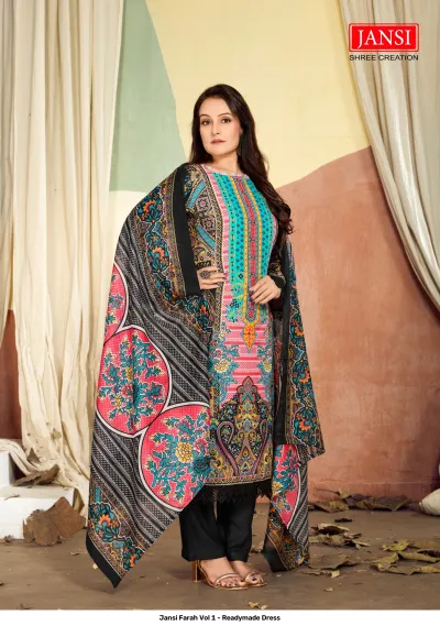 Jansi Farah Vol 1 - Readymade Dress: A pink and black printed salwar suit featuring geometric and floral patterns with lace-trimmed hemline.