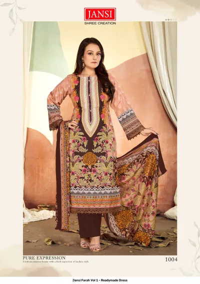 Jansi Farah Vol 1 - Readymade Dress: A brown printed salwar suit with vibrant floral embroidery style motifs and brown lace cuff embellishments.