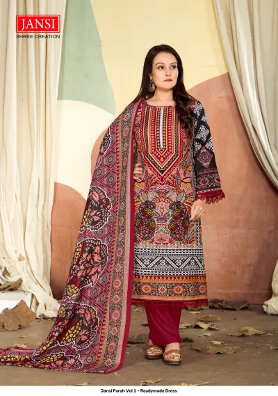 Jansi Farah Vol 1 - Readymade Dress: A dark red and black printed salwar suit with ethnic patterns, floral motifs, and red lace detailing.
