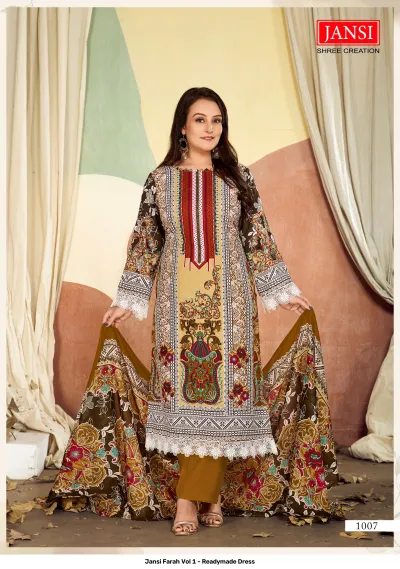 Jansi Farah Vol 1 - Readymade Dress: A beige and brown printed salwar suit with floral motifs and white lace embellishments on sleeves and hem.