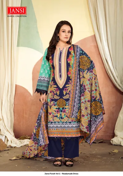 Jansi Farah Vol 1 - Readymade Dress: A dark blue and green printed salwar suit featuring vibrant floral patterns and dark blue pants.