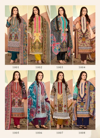 Jansi Farah Vol 1 - Readymade Dress: Catalog collage showing eight different printed readymade salwar suit designs in various colors with floral patterns.