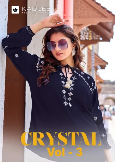 Kadlee Crystal Vol 3, dark blue kurti featuring white thread work embroidery and tassel neck detailing.