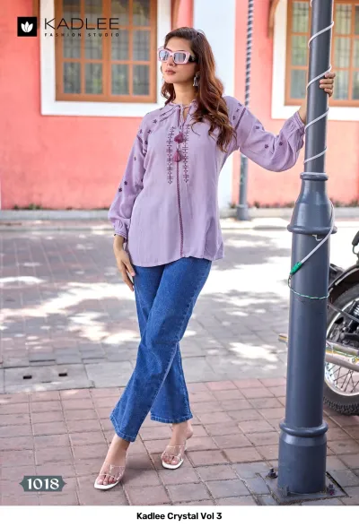Kadlee Crystal Vol 3, light purple kurti featuring delicate thread work embroidery and tassel neck detailing.