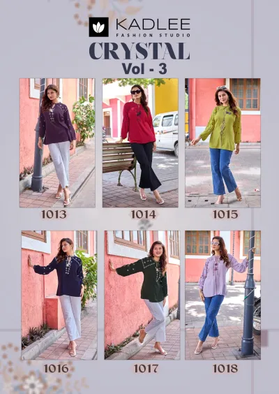 Kadlee Crystal Vol 3, catalog cover showing a collage of six different colored kurtis from the collection.
