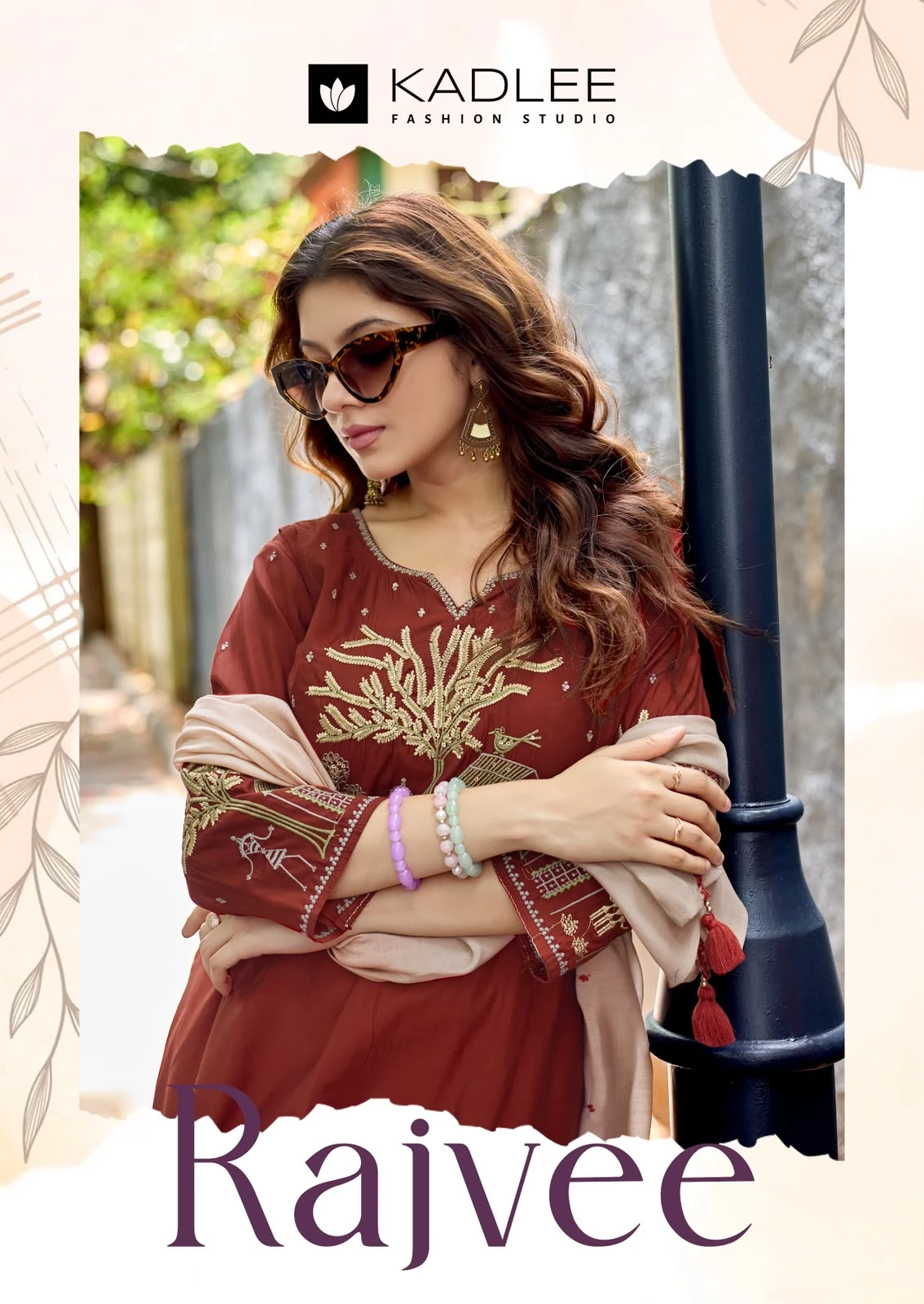 Kadlee Rajvee: Woman in a brown kurti with intricate gold-toned thread-work embroidery and a coordinating beige dupatta.