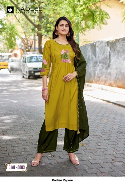 Kadlee Rajvee D.No-2003: Woman wearing an olive green kurti and palazzo pants with a coordinating dupatta featuring subtle floral thread-work.