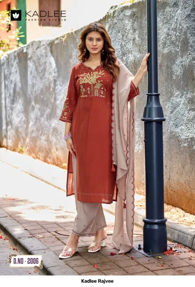 Kadlee Rajvee D.No-2006: Woman wearing a brown kurti with a beige palazzo and a coordinating beige dupatta with embroidered edges.