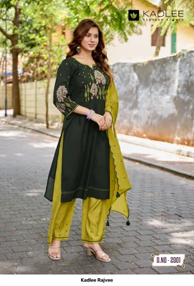 Kadlee Rajvee D.No-2001: Woman in a dark green kurti with olive green palazzo pants and a coordinating olive green dupatta.