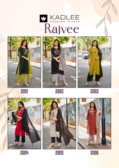 Kadlee Rajvee: Catalog cover showing a collage of six salwar suit designs labeled with their respective design numbers.