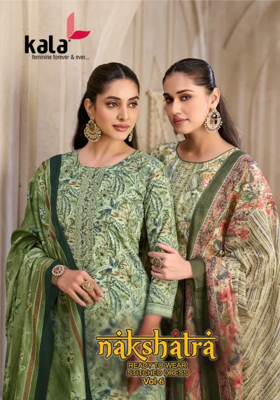 Kala Nakshatra Vol 6 catalog cover featuring two models in green floral printed salwar suits with dupatta and subtle embroidery.