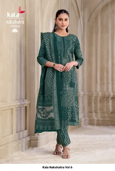 Kala Nakshatra Vol 6 dark emerald green geometric printed salwar suit with matching pants and printed dupatta.