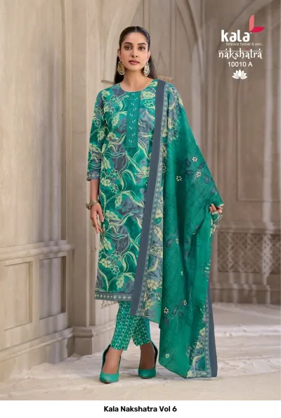 Kala Nakshatra Vol 6 teal green floral printed salwar suit with matching pants and teal floral dupatta.