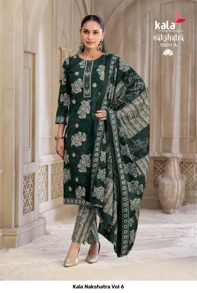 Kala Nakshatra Vol 6 dark forest green floral printed salwar suit with matching printed pants and dark printed dupatta.