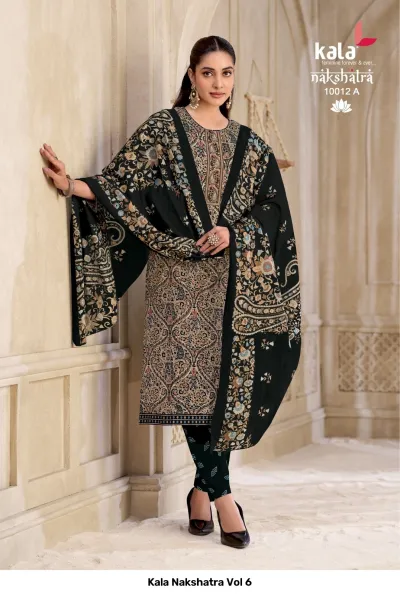 Kala Nakshatra Vol 6 black salwar suit with intricate paisley and floral print and matching black patterned dupatta.