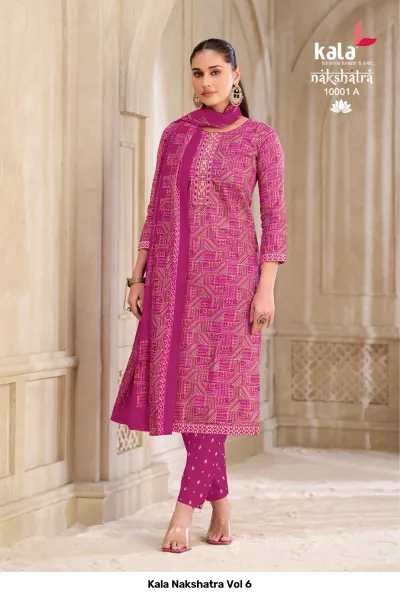 Kala Nakshatra Vol 6 magenta salwar suit with geometric print, matching bottom, and magenta dupatta.