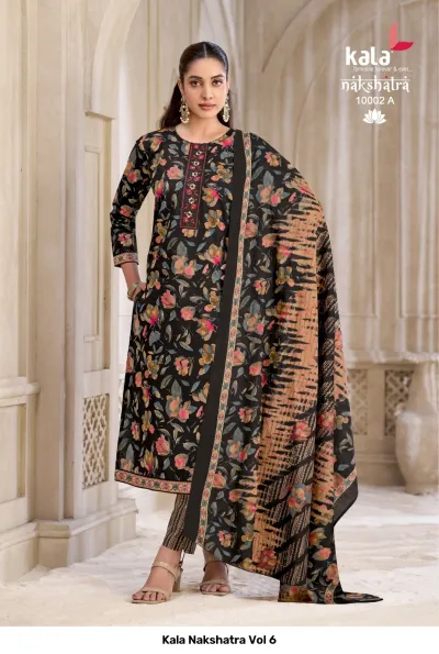 Kala Nakshatra Vol 6 black floral printed salwar suit with thread work neckline and matching floral dupatta.