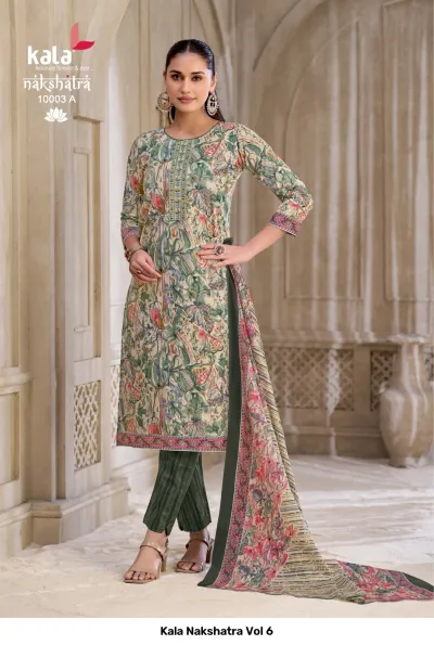 Kala Nakshatra Vol 6 light green floral printed salwar suit with thread work neckline and green and pink printed dupatta.