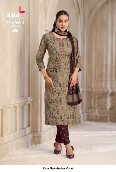 Kala Nakshatra Vol 6 taupe brown salwar suit with floral line print, dark brown pants, and matching printed dupatta.