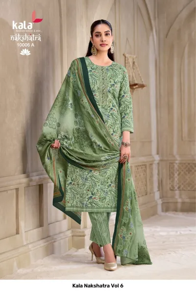 Kala Nakshatra Vol 6 light green floral printed salwar suit with thread work neckline and matching green floral dupatta.