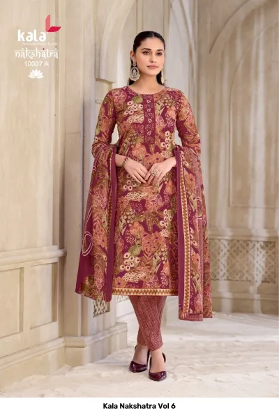 Kala Nakshatra Vol 6 dark maroon floral printed salwar suit with matching printed pants and maroon dupatta.