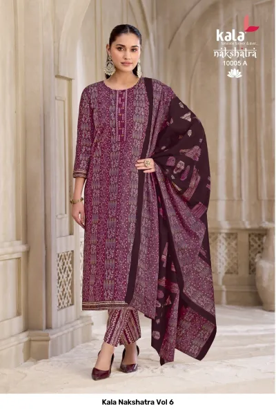 Kala Nakshatra Vol 6 dark purple patterned salwar suit with matching printed pants and dark purple printed dupatta.