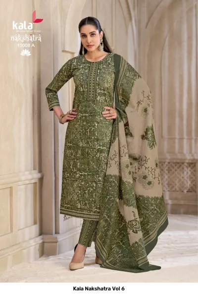 Kala Nakshatra Vol 6 light olive green geometric printed salwar suit with matching pants and light printed dupatta.