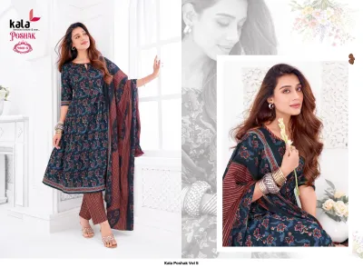 Kala Poshak Vol 5: Dark blue salwar suit with floral print and striped trousers, paired with a striped dupatta.