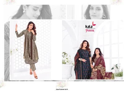 Kala Poshak Vol 5: Catalog collage featuring a brown patterned salwar suit and a model wearing a dark blue printed salwar suit.