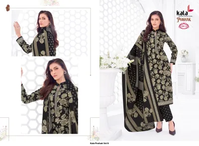 Kala Poshak Vol 5: Black salwar suit with floral pattern, includes a printed dupatta, showcased in multiple poses.