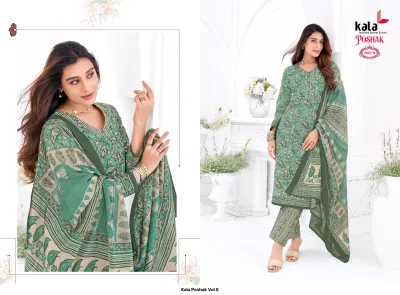 Kala Poshak Vol 5: Green salwar suit with paisley print pattern, includes a matching dupatta, shown in two views.