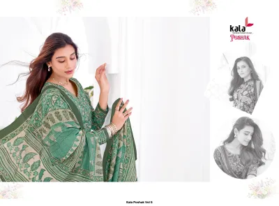 Kala Poshak Vol 5: Green salwar suit with all-over paisley print, displayed with a matching dupatta in multiple views.