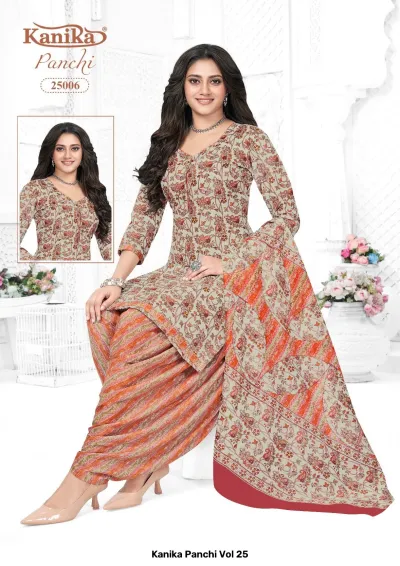 Kanika Panchi Vol 25: A beige printed kurti featuring a delicate floral pattern, paired with an orange and beige striped salwar and dupatta.