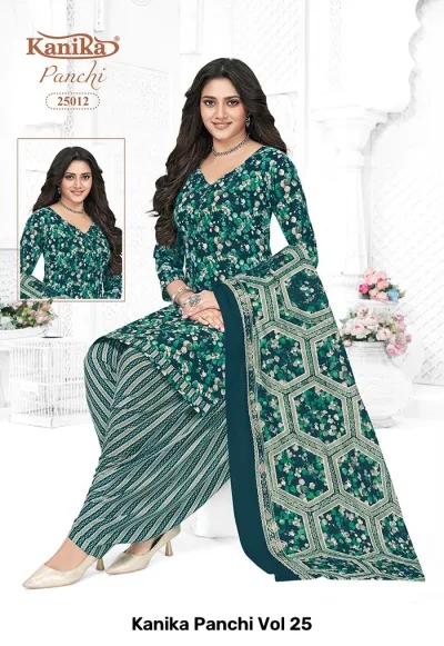 Kanika Panchi Vol 25: A dark green kurti with a floral print, featuring a geometric patterned dupatta and a green and white striped salwar.