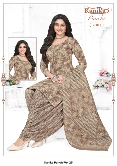 Kanika Panchi Vol 25: A light brown kurti and salwar suit with a floral print design and a matching patterned dupatta.