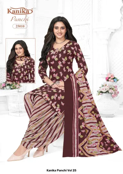 Kanika Panchi Vol 25: A dark brown kurti featuring a leaf print pattern, paired with a striped salwar and a matching printed dupatta.