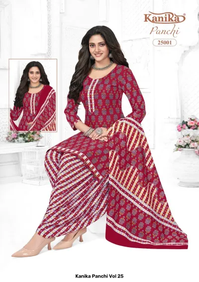 Kanika Panchi Vol 25: A red printed kurti and salwar suit with a striped pattern, featuring long sleeves and a matching printed dupatta.