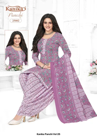 Kanika Panchi Vol 25: A purple printed kurti and salwar suit with floral motifs, long sleeves, and a matching patterned dupatta.
