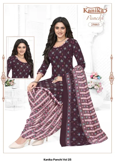 Kanika Panchi Vol 25: A dark purple printed kurti with floral accents, paired with a matching striped salwar and printed dupatta.