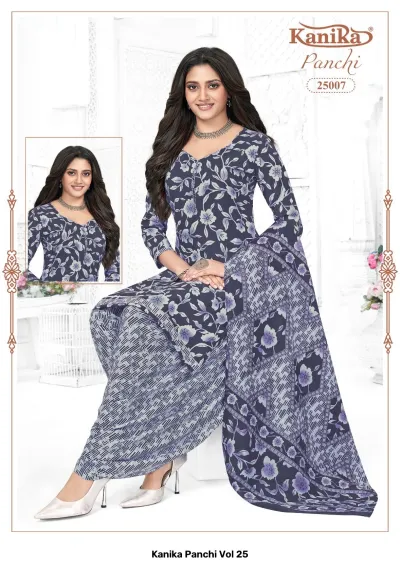 Kanika Panchi Vol 25: A grey-blue kurti and salwar suit featuring a floral print and a coordinating patterned dupatta.