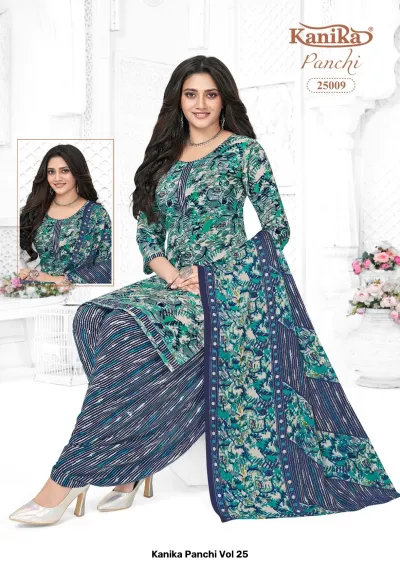 Kanika Panchi Vol 25: A green printed kurti and salwar suit with a dark blue striped salwar and matching floral dupatta.