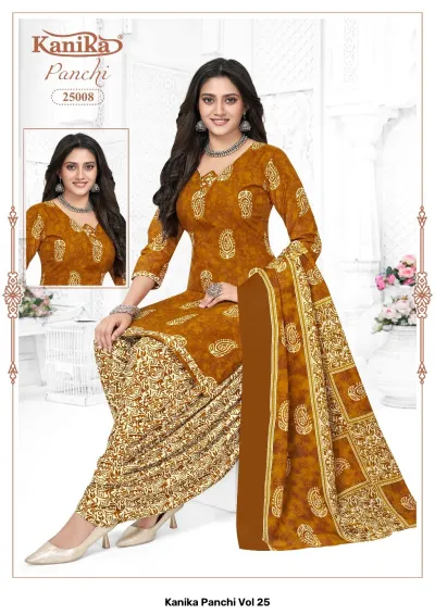 Kanika Panchi Vol 25: A mustard yellow kurti and salwar suit with a traditional paisley print design and a matching dupatta.