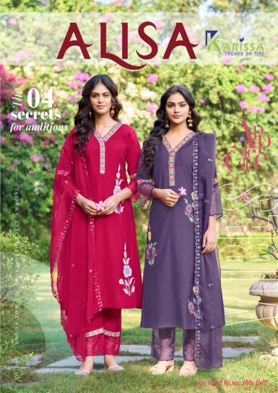 Karissa Alisa catalog cover showing two models in maroon and purple floral embroidered kurta and palazzo salwar suit sets with matching dupattas.