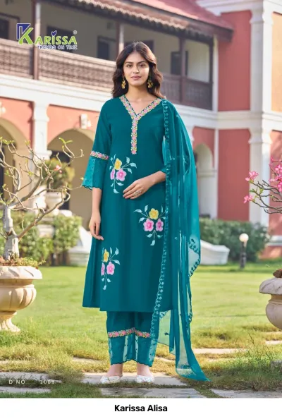 Karissa Alisa teal blue salwar suit featuring floral prints, v-neck embellishment, and matching dupatta, worn by a model outdoors.