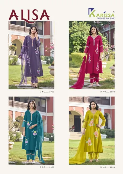 Karissa Alisa catalog collage featuring four models wearing different colored floral printed salwar suits with matching dupattas.